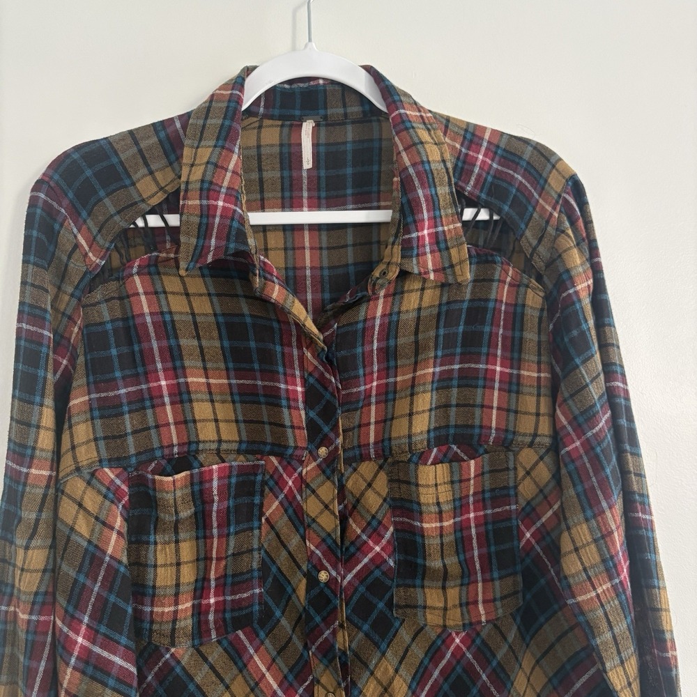 Free People Women's Plaid Collared Button-Up Shirt Long Sleeve Size L BohoCity